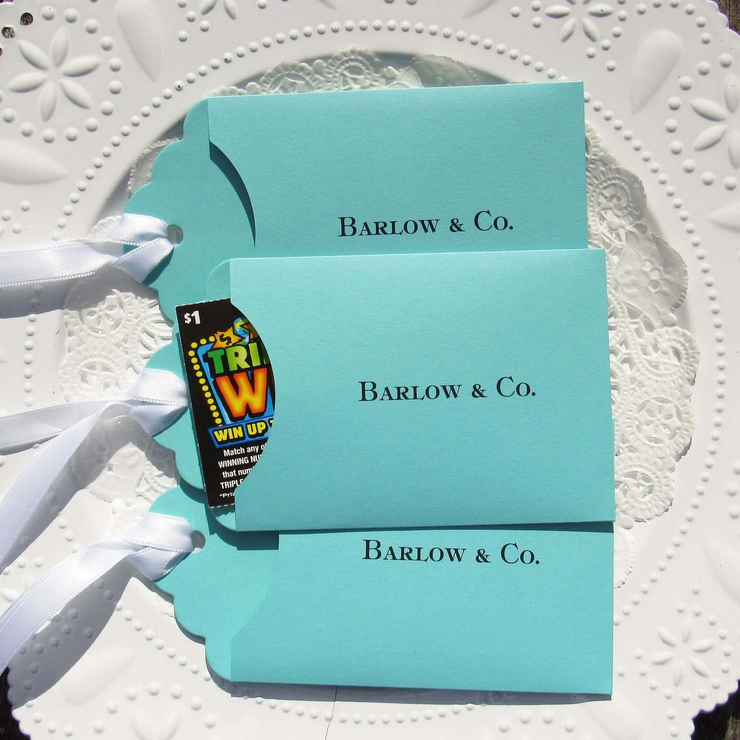 Aqua Blue Wedding Guest Favors personalized for the bride and groom.  Slide a lottery ticket in to see who wins big at your wedding.  Tiffany  blue wedding favors adorned with a white ribbon which comes attached.