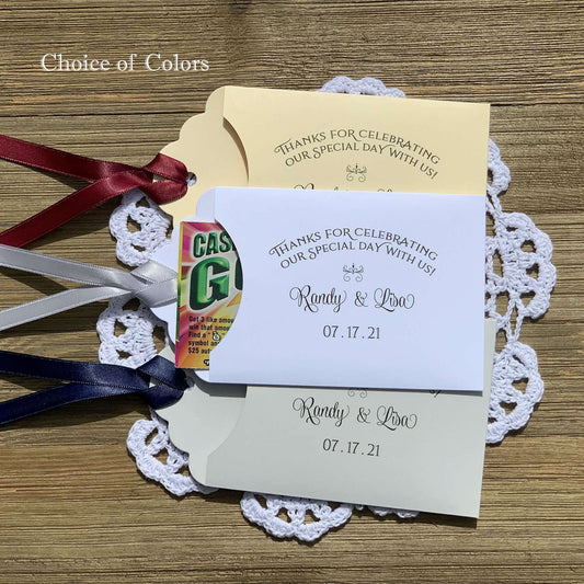 Our Personalized Wedding Favors Unique and Fun come in array of color combinations. These wedding table favors are a perfect fit for a scratch off lottery ticket, see who goes home with some extra cash!