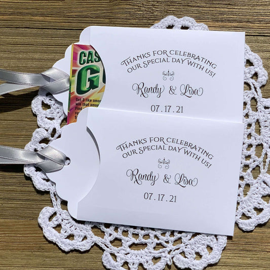 Our Personalized Wedding Favors Unique and Fun come in array of color combinations. These wedding table favors are a perfect fit for a scratch off lottery ticket, see who goes home with some extra cash!
