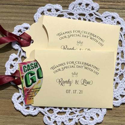 Our Personalized Wedding Favors Unique and Fun come in array of color combinations. These wedding table favors are a perfect fit for a scratch off lottery ticket, see who goes home with some extra cash!