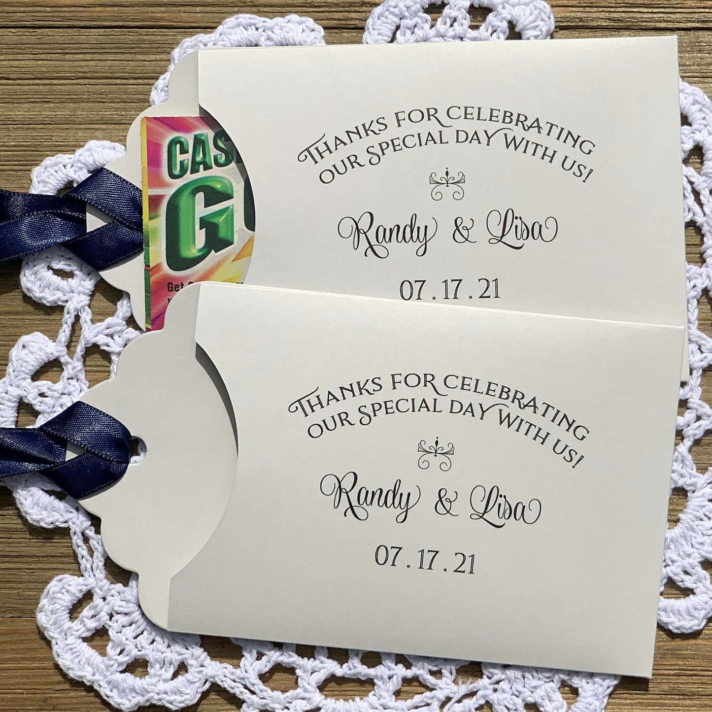 Our Personalized Wedding Favors Unique and Fun come in array of color combinations. These wedding table favors are a perfect fit for a scratch off lottery ticket, see who goes home with some extra cash!