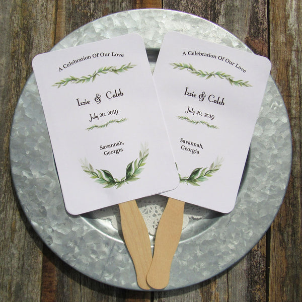 Green wedding favor fans, personalized fans for the bride and groom.