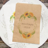 Sunflower Favor Bags that are personalized for the bride and groom.  Adorned with a sunflower wreath around the names and wedding date.  Your choice of white or brown bags. 