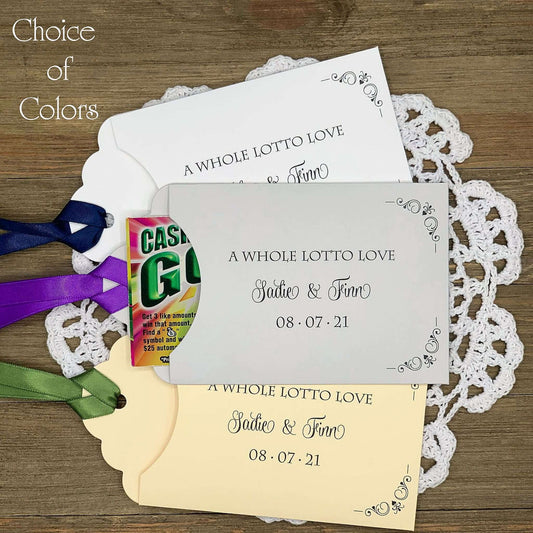 A Whole Lotto Love Wedding Guest Favors, personalized for the bride and groom.  Slide a lotto ticket in for a fun wedding favors, see which guest wins big.
