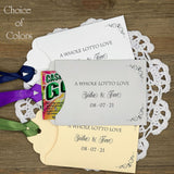 A whole lotto love wedding lottery favors, personalized for the bride and groom.  Slide a lotto ticket in for a fun wedding favors, see which guest wins big.