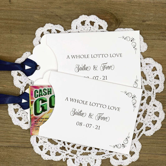 A Whole Lotto Love Wedding Guest Favors, personalized for the bride and groom.  Slide a lotto ticket in for a fun wedding favors, see which guest wins big.