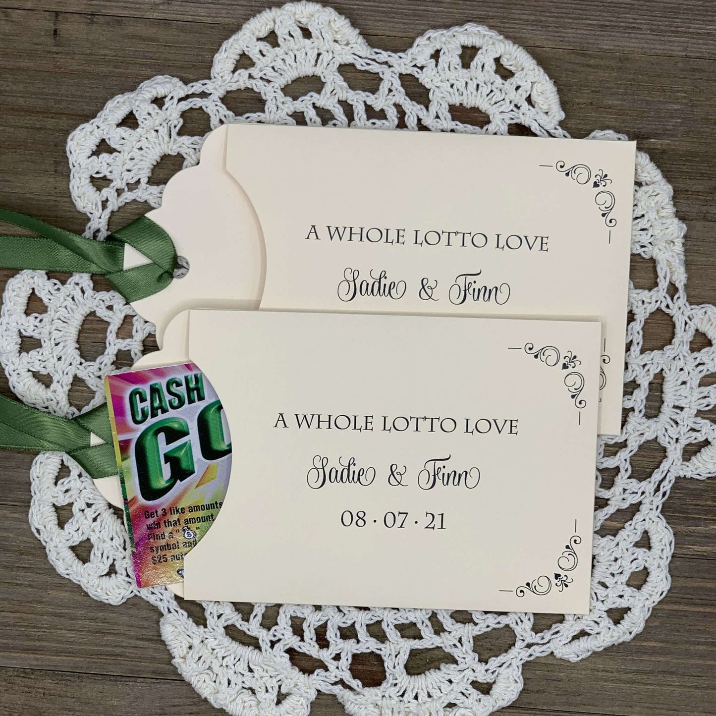 A Whole Lotto Love Wedding Guest Favors, personalized for the bride and groom.  Slide a lotto ticket in for a fun wedding favors, see which guest wins big.