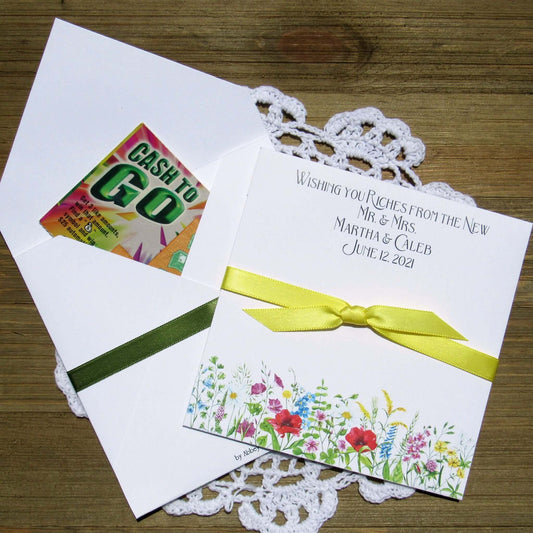 Wildflower Wedding Favor For Spring or Summer Weddings printed on white card stock and personalized 'Wishing you Riches for the New Mr. & Mrs.'.  Add a lottery ticket or a custom coaster to these for a easy wedding favor. 