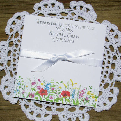 Wildflower Wedding Favor For Spring or Summer Weddings printed on white card stock and personalized 'Wishing you Riches for the New Mr. & Mrs.'.  Add a lottery ticket or a custom coaster to these for a easy wedding favor. 