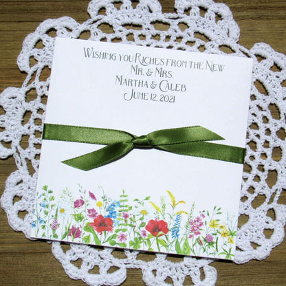 Wildflower Wedding Favor For Spring or Summer Weddings printed on white card stock and personalized 'Wishing you Riches for the New Mr. & Mrs.'.  Add a lottery ticket or a custom coaster to these for a easy wedding favor. 
