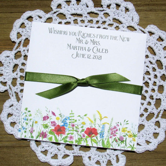 Wildflower Wedding Favor For Spring or Summer Weddings printed on white card stock and personalized 'Wishing you Riches for the New Mr. & Mrs.'.  Add a lottery ticket or a custom coaster to these for a easy wedding favor. 