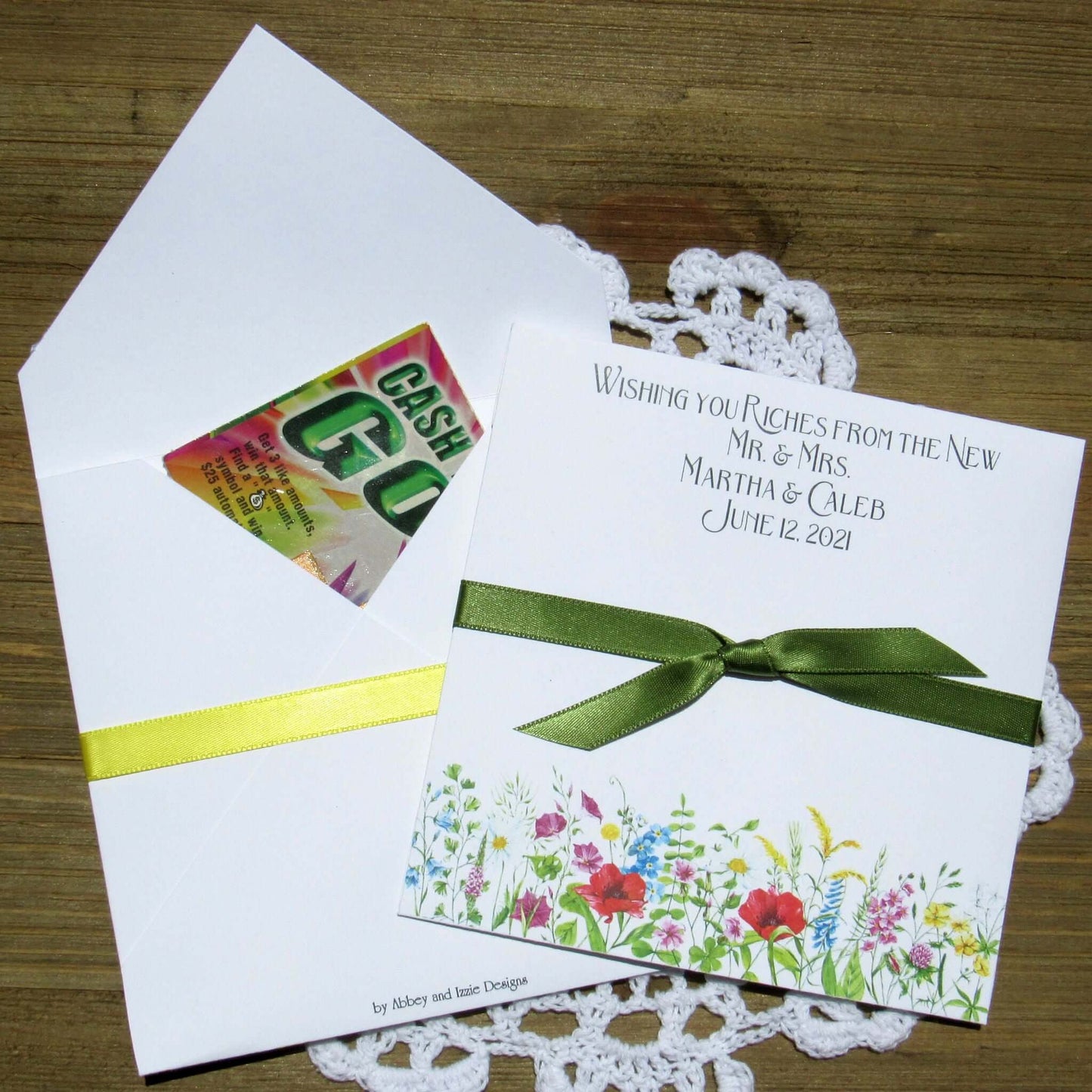 Wildflower Wedding Favor For Spring or Summer Weddings printed on white card stock and personalized 'Wishing you Riches for the New Mr. & Mrs.'.  Add a lottery ticket or a custom coaster to these for a easy wedding favor. 