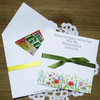 Wildflower Wedding Favor For Spring or Summer Weddings printed on white card stock and personalized 'Wishing you Riches for the New Mr. & Mrs.'.  Add a lottery ticket or a custom coaster to these for a easy wedding favor. 