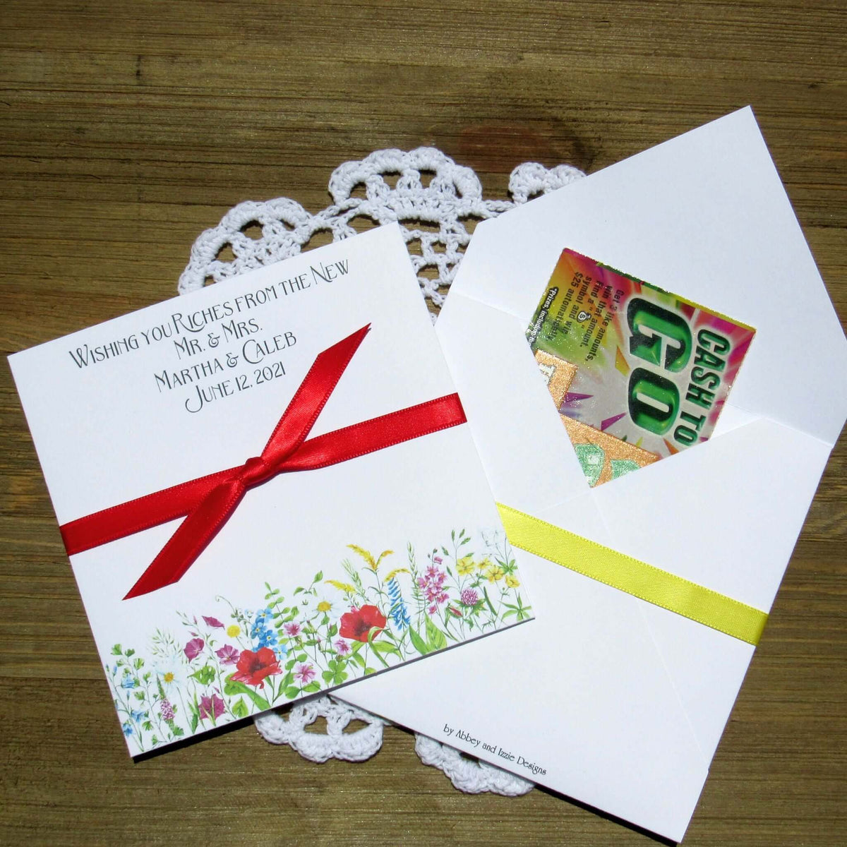Wildflower Wedding Favor For Spring or Summer Weddings printed on white card stock and personalized 'Wishing you Riches for the New Mr. & Mrs.'.  Add a lottery ticket or a custom coaster to these for a easy wedding favor. 