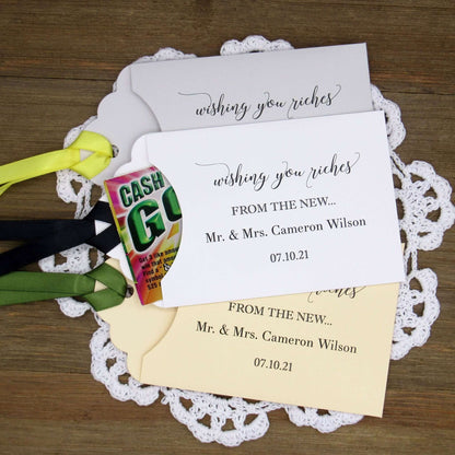 Wishing You Riches Wedding Lottery Favors, fun and easy wedding guest favors, slide a scratch off lotto ticket in these personalized lottery envelopes and see who wins big.  