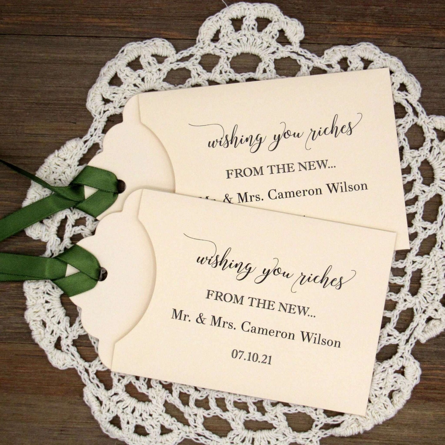 Wishing You Riches Wedding Lottery Favors, fun and easy wedding guest favors, slide a scratch off lotto ticket in these personalized lottery envelopes and see who wins big.  