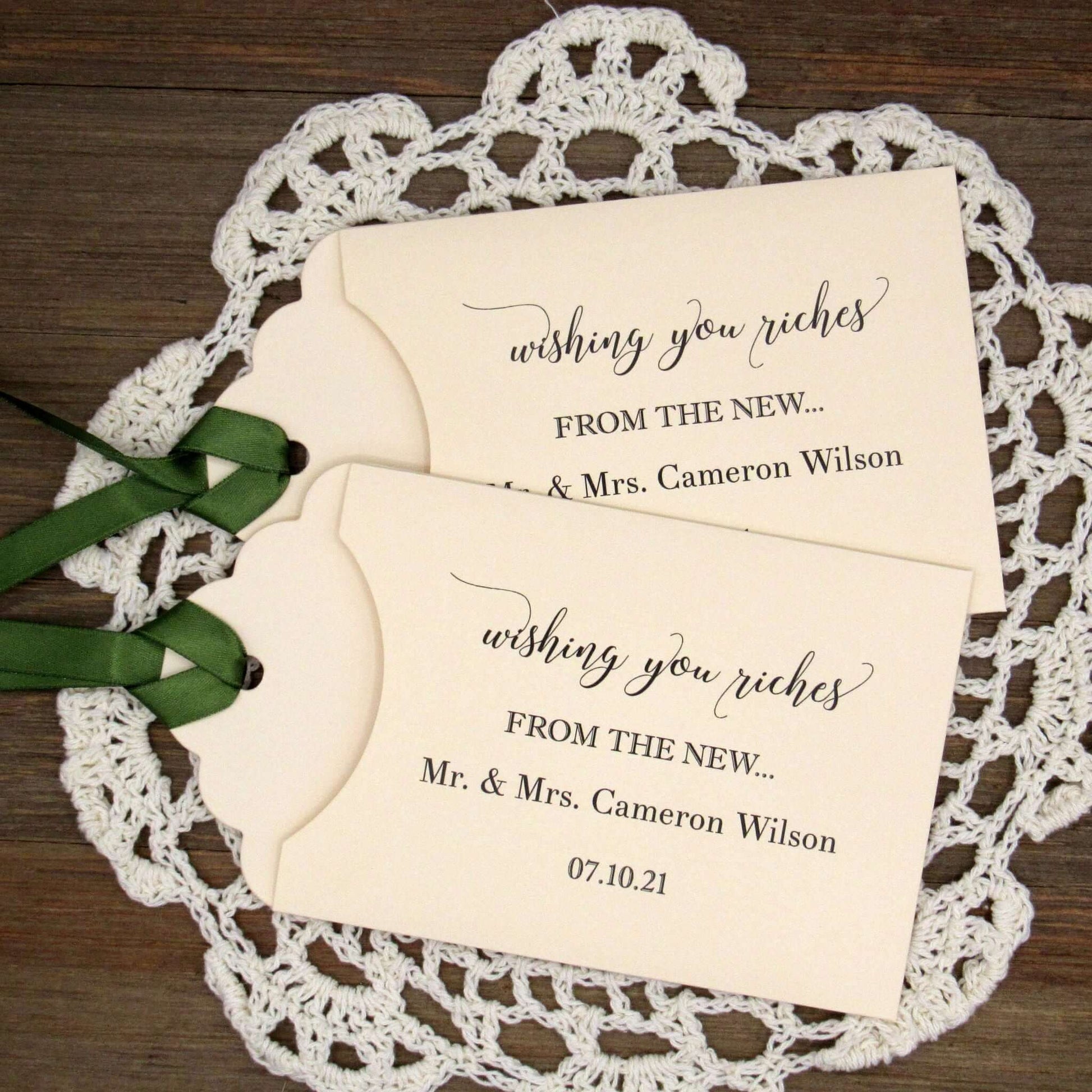 Wishing You Riches Wedding Lottery Favors, fun and easy wedding guest favors, slide a scratch off lotto ticket in these personalized lottery envelopes and see who wins big.  