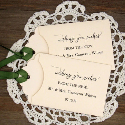 Wishing You Riches Wedding Lottery Favors, fun and easy wedding guest favors, slide a scratch off lotto ticket in these personalized lottery envelopes and see who wins big.  