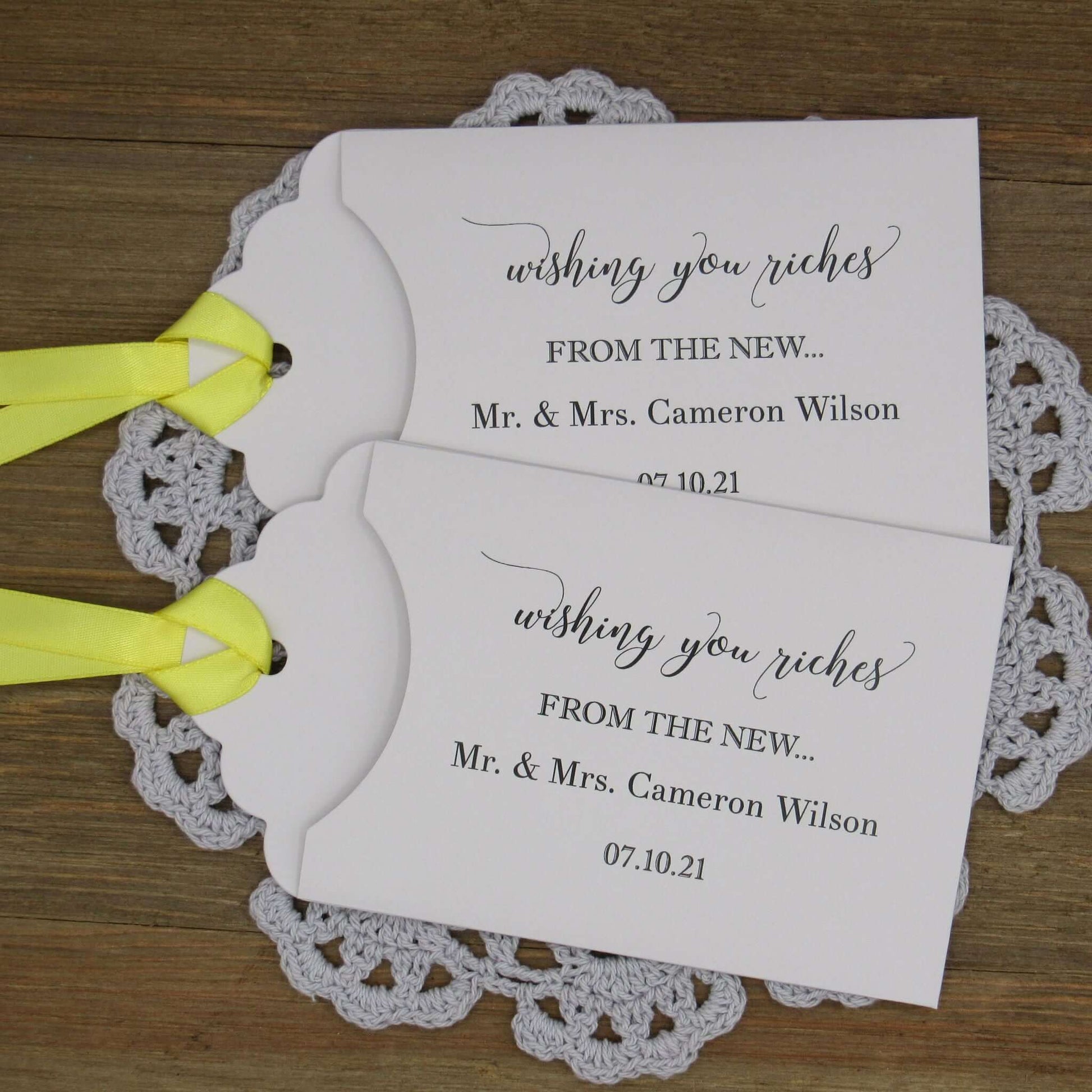 Wishing You Riches Wedding Lottery Favors, fun and easy wedding guest favors, slide a scratch off lotto ticket in these personalized lottery envelopes and see who wins big.  