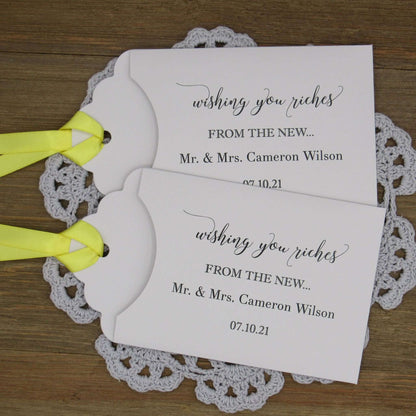 Wishing You Riches Wedding Lottery Favors, fun and easy wedding guest favors, slide a scratch off lotto ticket in these personalized lottery envelopes and see who wins big.  