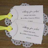 Wishing you riches from the new Mr. & Mrs. wedding lotto favors,  Fun and easy wedding guest favors, slide a scratch off lotto ticket in these personalized lottery envelopes and see who wins big. 